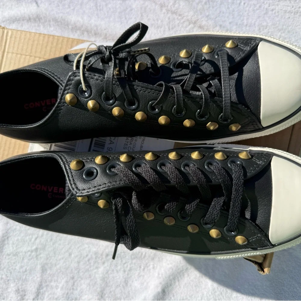 Converse Black Low-Top Sneakers with Gold Studs and White Toe Caps - Picture 4 of 4